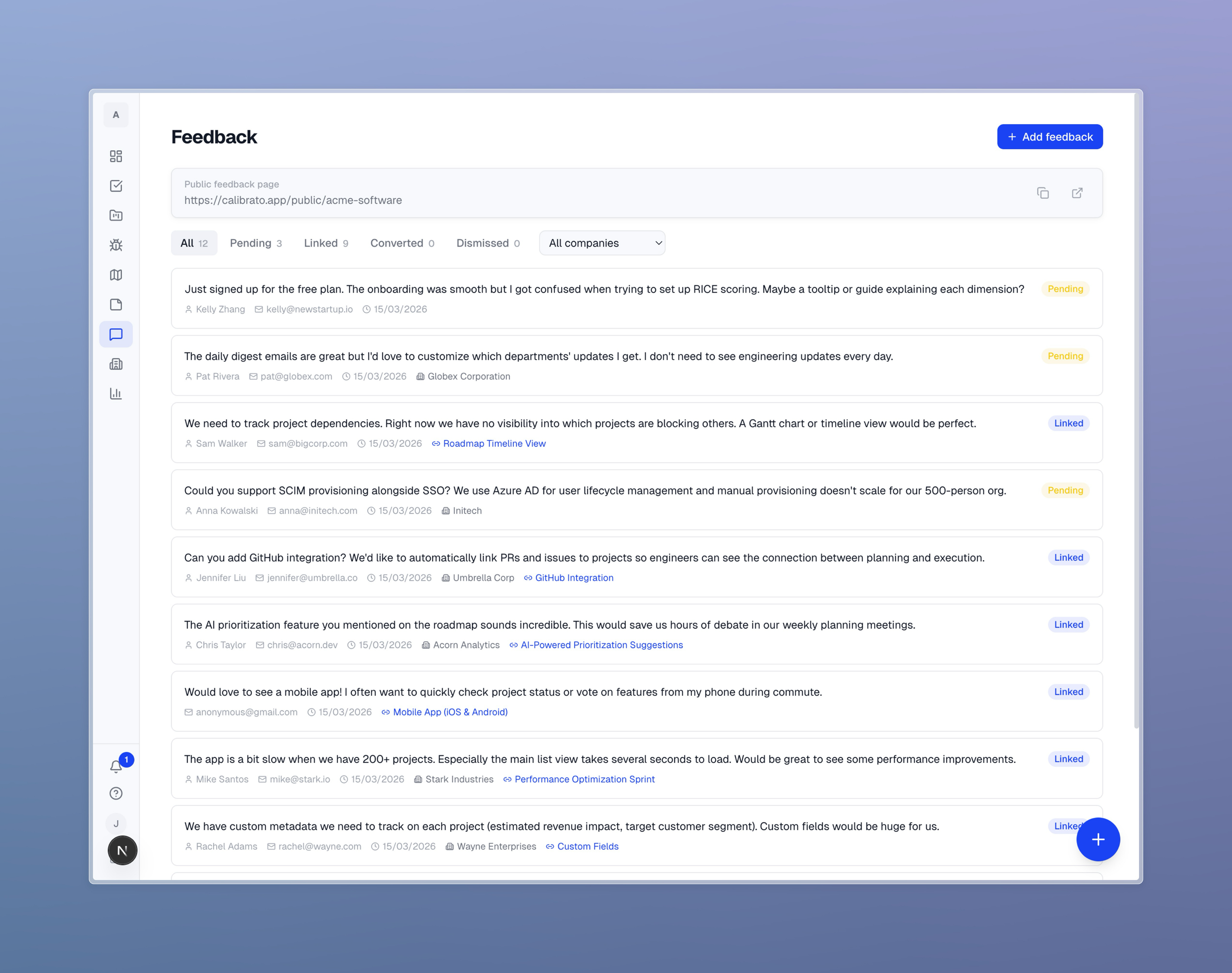 Calibrato feedback inbox with linked ideas and companies