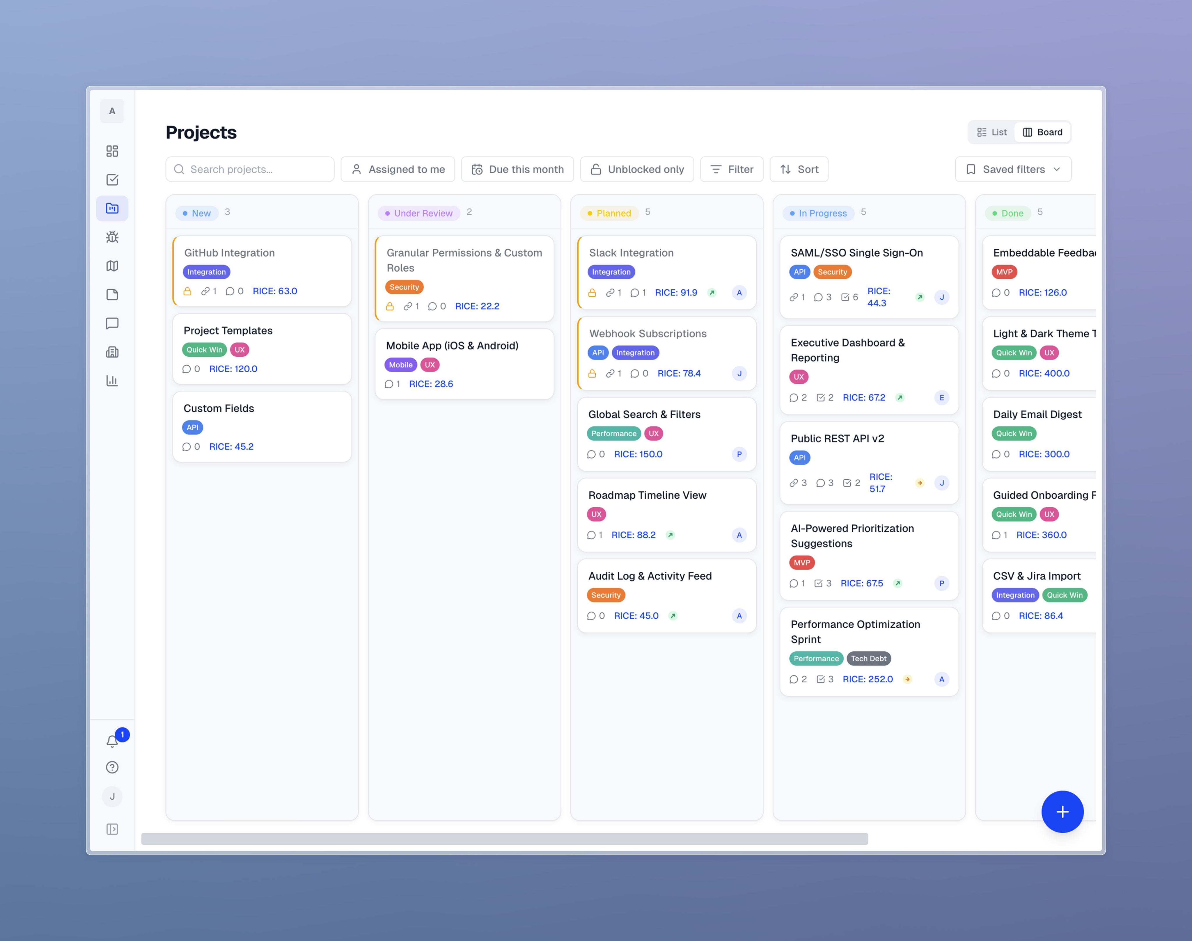 Calibrato projects kanban board with RICE scores