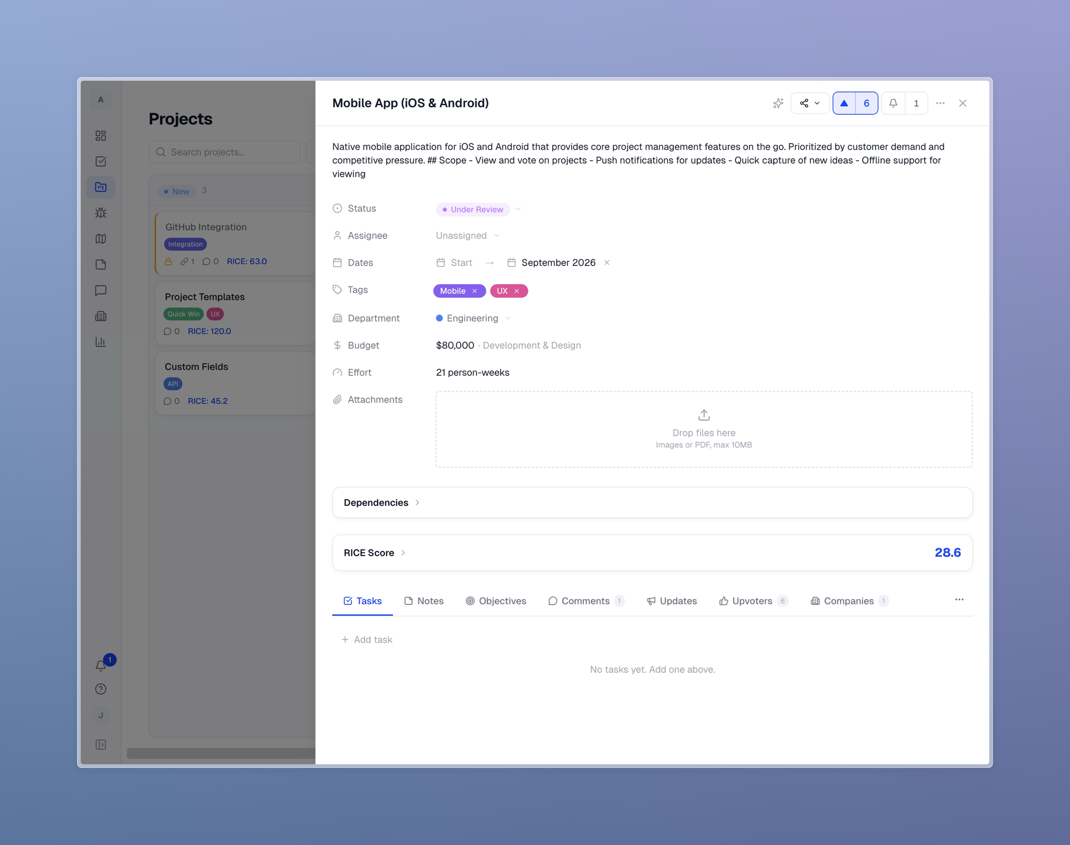 Calibrato project detail with RICE score breakdown