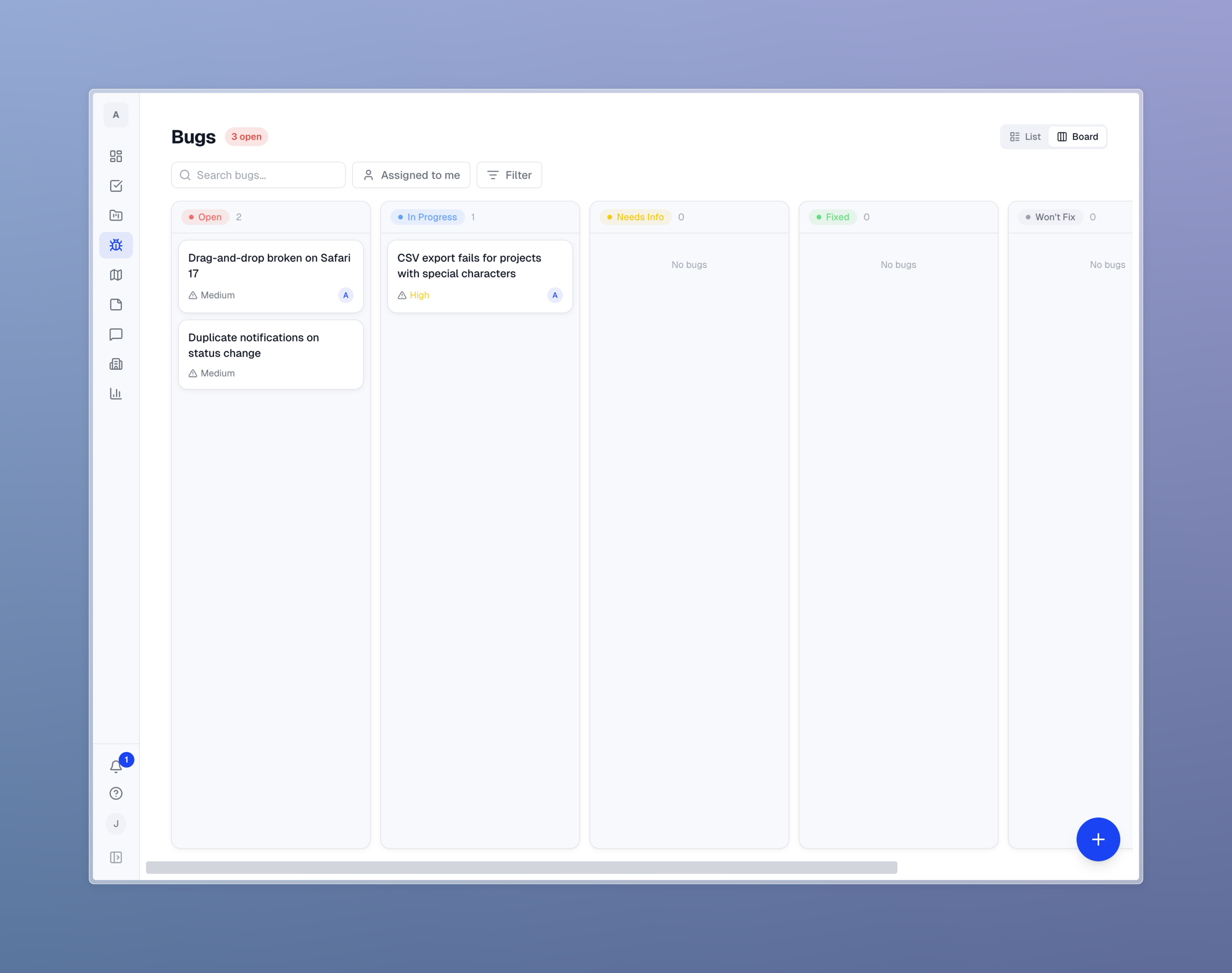 Bug tracking kanban board with severity levels